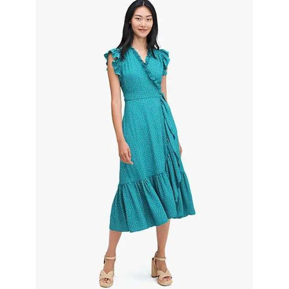 Kate Spade Poolside Dot Wrap Dress Womens 00 Green White Crepe Ruffle Coquette